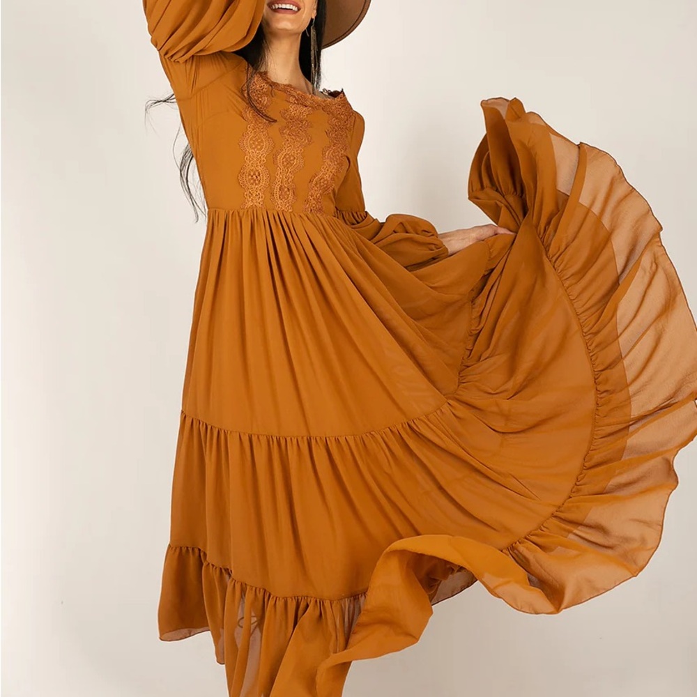 Joyfolie Margery Marigold chestnut Boho lace flowy ruffle Girl Dress Size 14 NEW - Picture 4 of 12